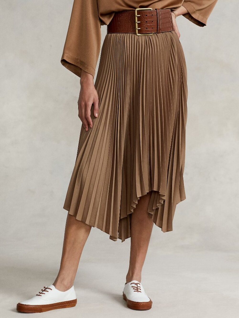 Polo Ralph Lauren Size 6 Pleated Asymmetrical Hem Midi Skirt Stretch Color Tan